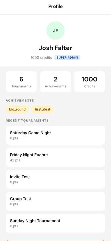 Profile page showing achievements and tournament history